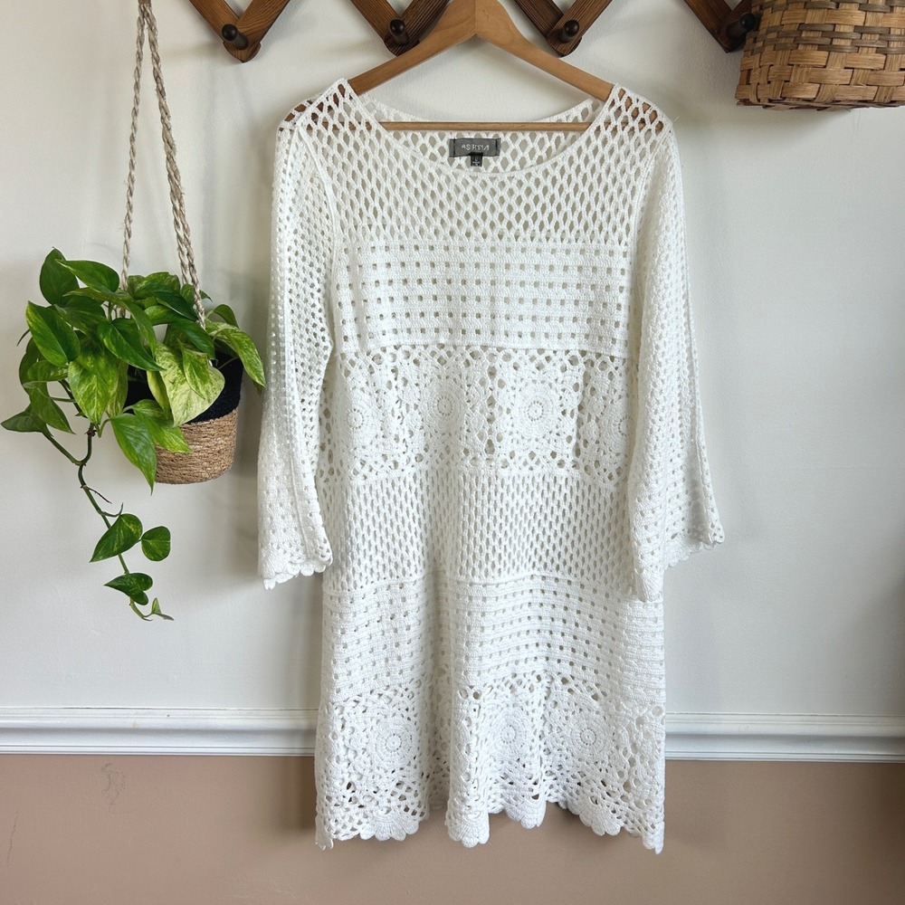 4SI3NNA White Cotton Crochet Lace Mini Dress Coverup Large Boho Festival Cottage